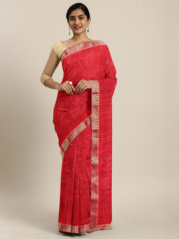 Neerus Red georgette printed saree with blouse piece - front view
