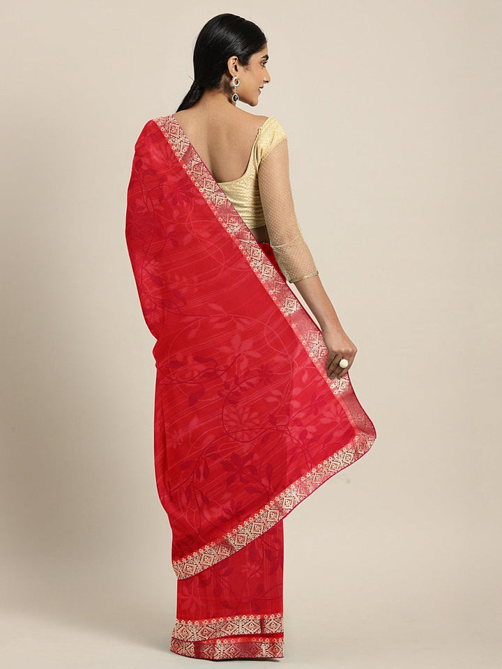 Neerus Red georgette printed saree with blouse piece - back view