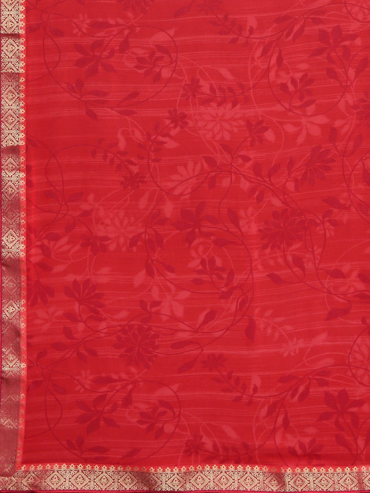 Neerus Red georgette printed saree with blouse piece - detail view 1