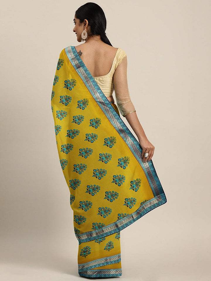 Neerus Yellow georgette printed saree with blouse piece - back view
