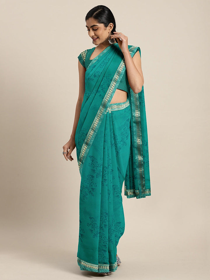 Neerus Blue georgette printed saree - front view
