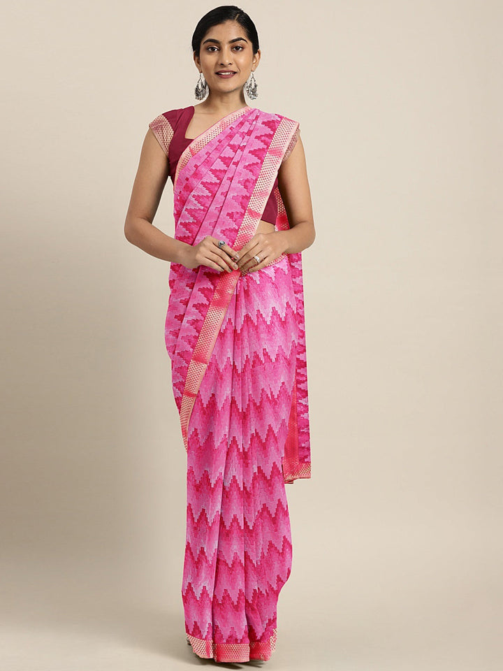 Neerus Pink georgette printed saree - front view