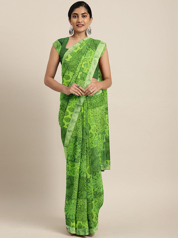 Neerus Green georgette printed saree - front view