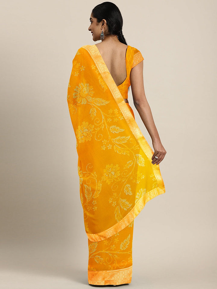Neerus Yellow georgette printed saree with blouse - detail view 3