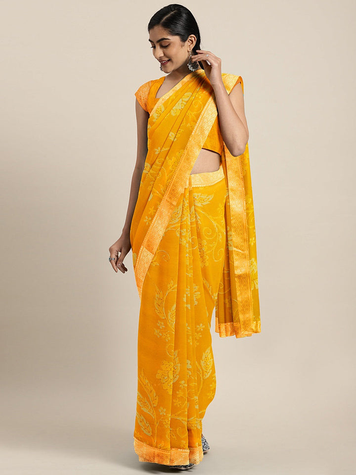 Neerus Yellow georgette printed saree with blouse - front view