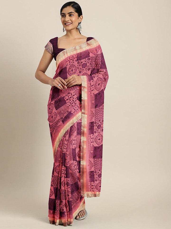 Neerus Purple georgette printed saree with blouse - front view