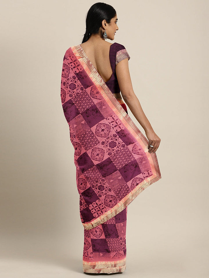 Neerus Purple georgette printed saree with blouse - back view