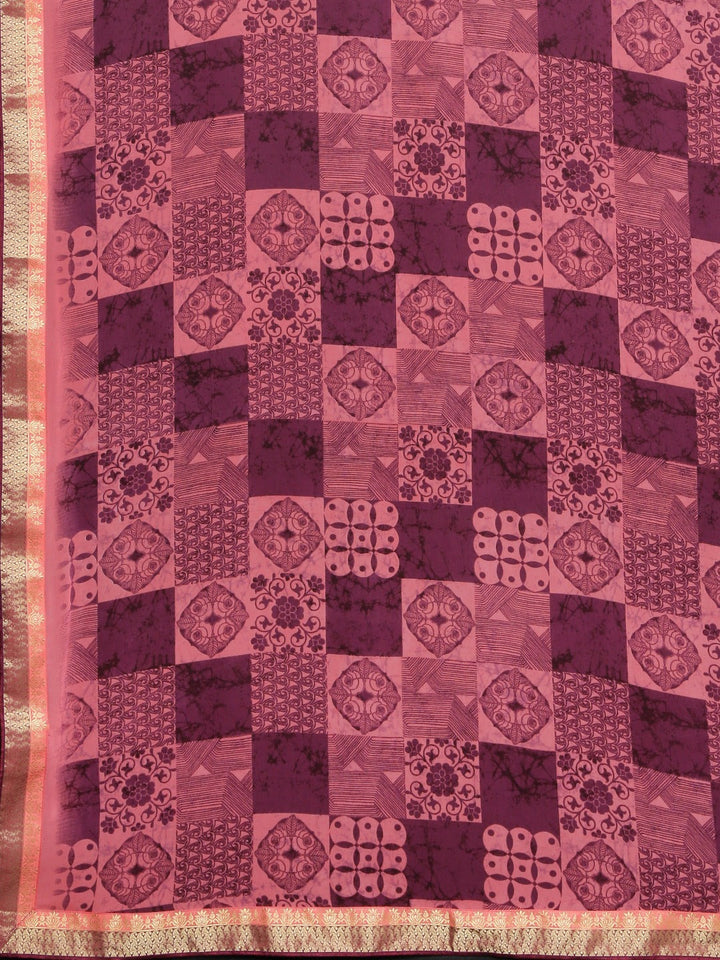 Neerus Purple georgette printed saree with blouse - detail view 1