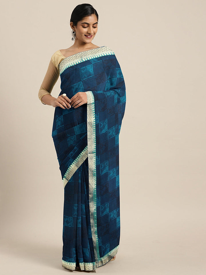 Neerus Blue georgette printed saree - front view