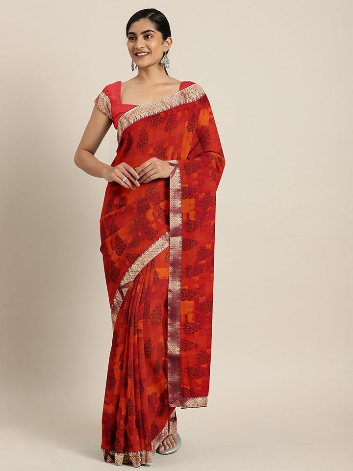 Neerus Red georgette printed saree - front view