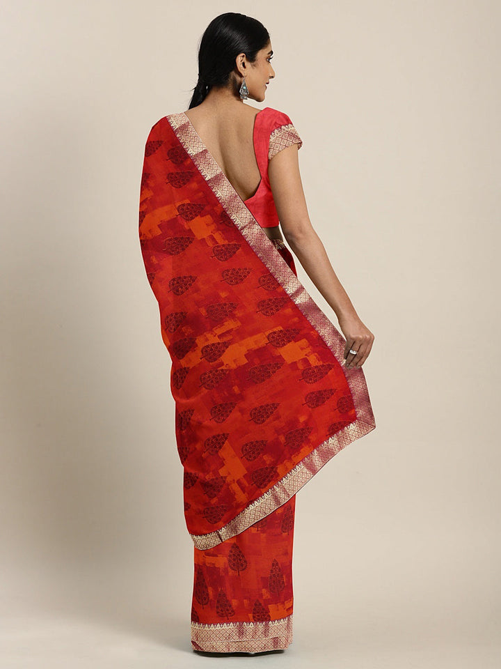 Neerus Red georgette printed saree - back view