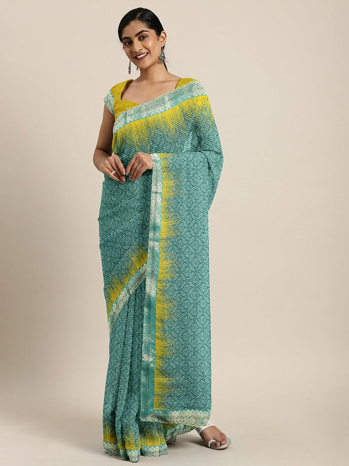 Neerus Blue georgette printed saree with blouse piece - front view