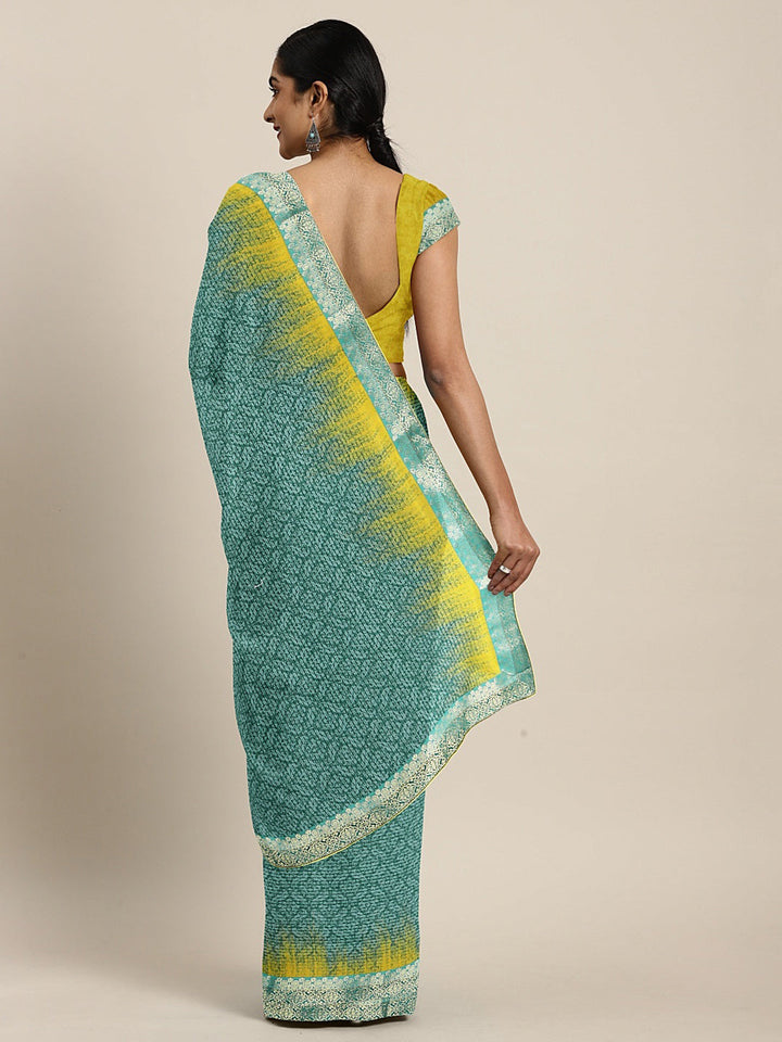Neerus Blue georgette printed saree with blouse piece - back view