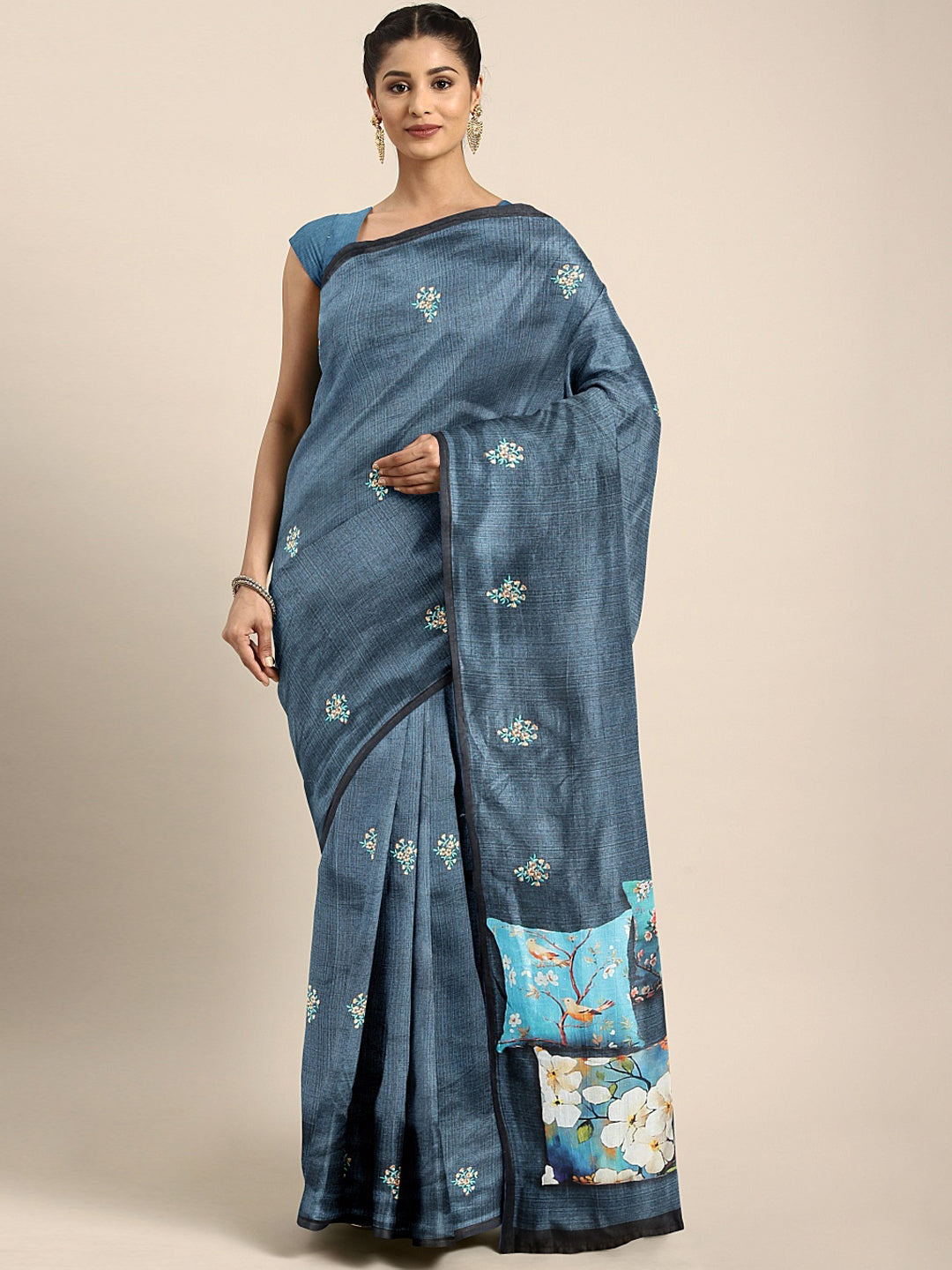 Neerus Blue georgette printed saree with blouse piece - front view
