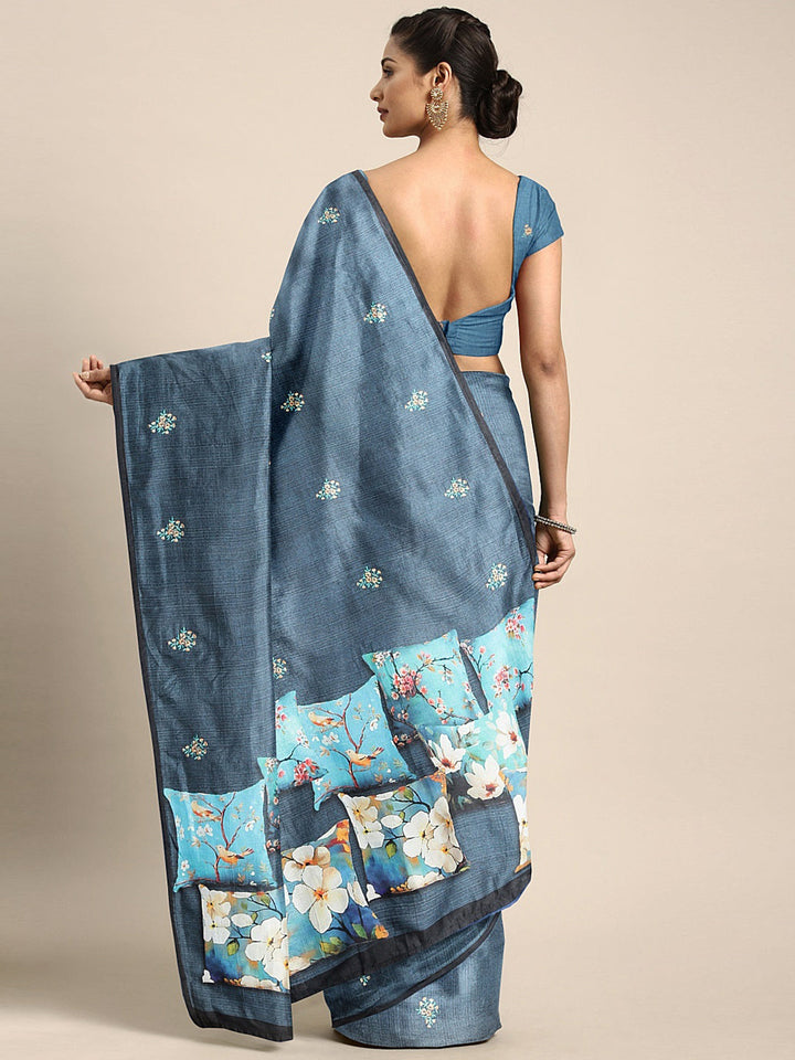 Neerus Blue georgette printed saree with blouse piece - back view