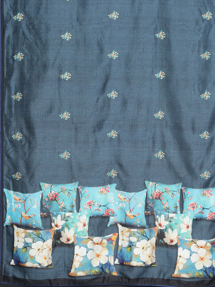Neerus Blue georgette printed saree with blouse piece - detail view 1