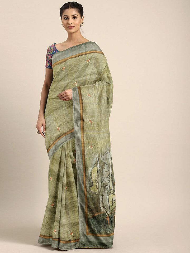 Neerus Green printed saree with blouse piece - front view