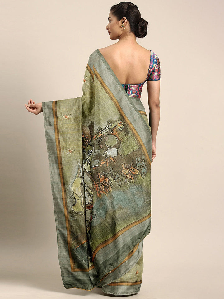 Neerus Green printed saree with blouse piece - back view