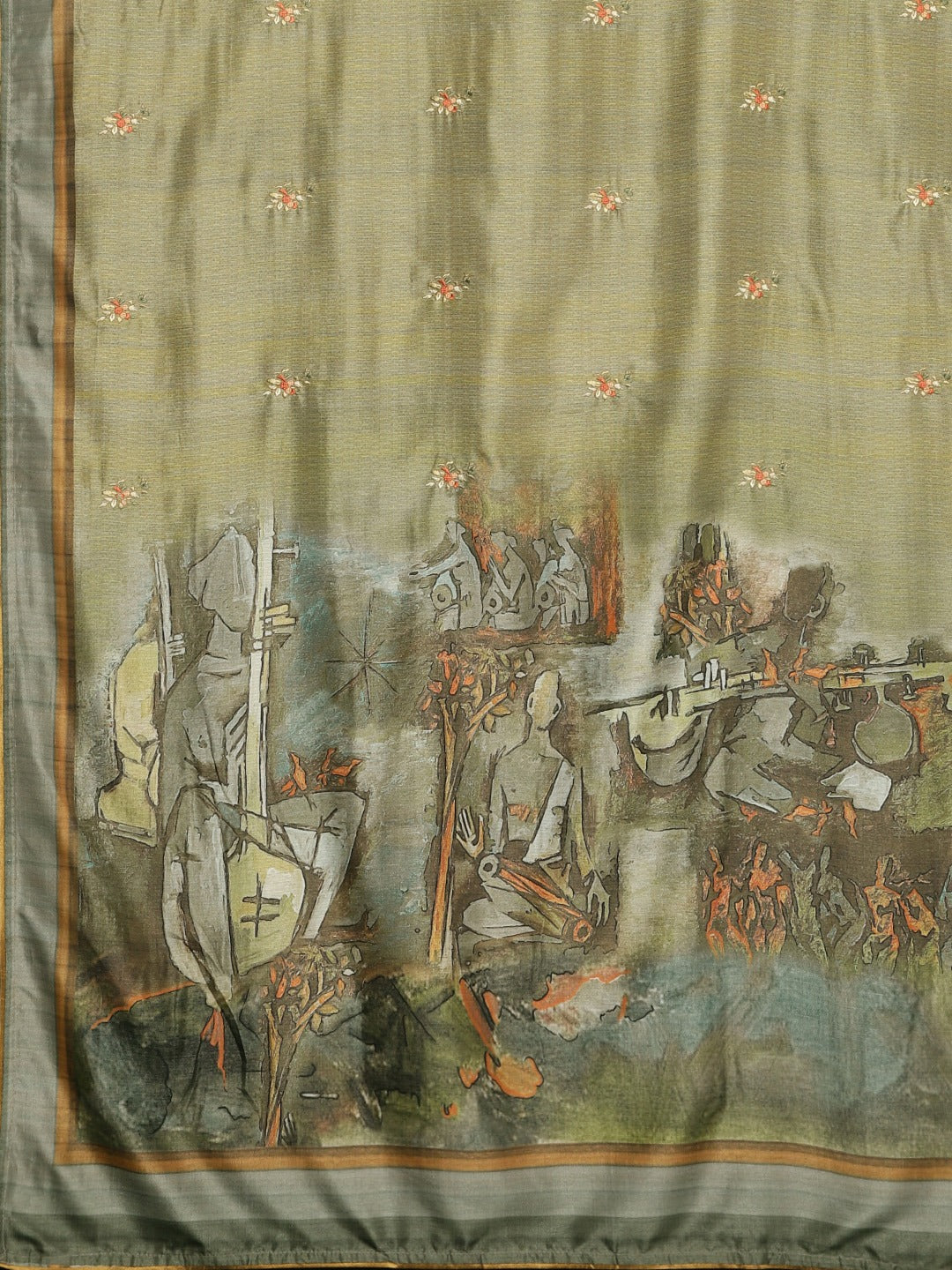Neerus Green printed saree with blouse piece - detail view 1