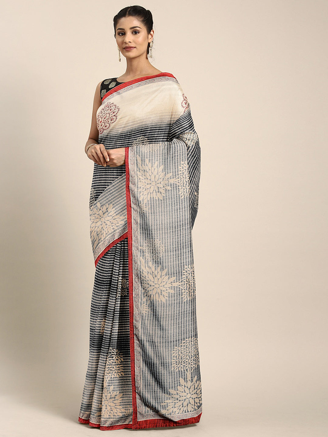 Neerus Grey georgette printed saree with blouse - front view