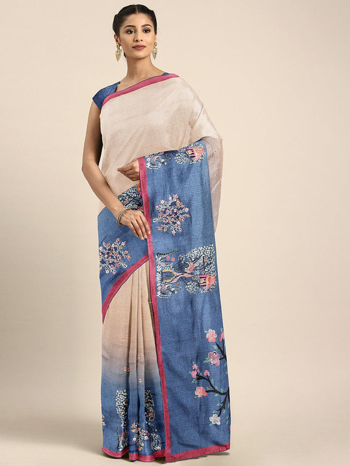Neerus Beige georgette printed saree with blouse piece - front view