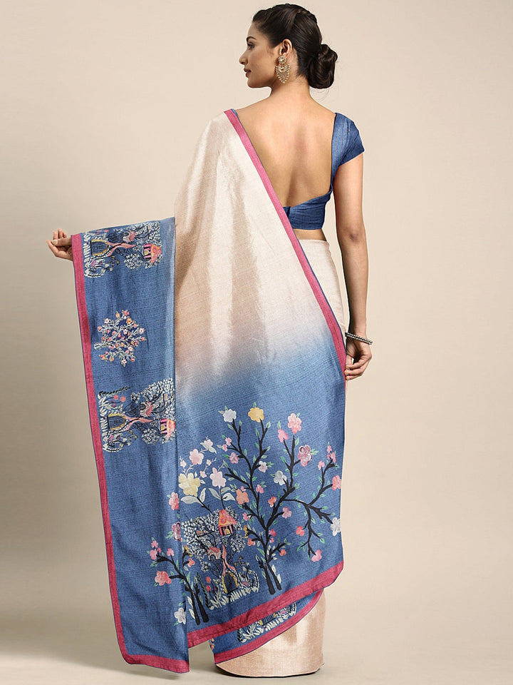 Neerus Beige georgette printed saree with blouse piece - back view