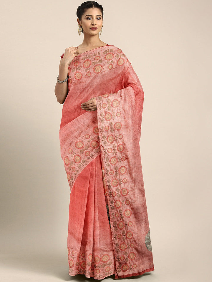 Neerus Orange georgette printed saree with blouse - front view