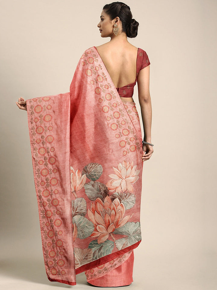 Neerus Orange georgette printed saree with blouse - back view