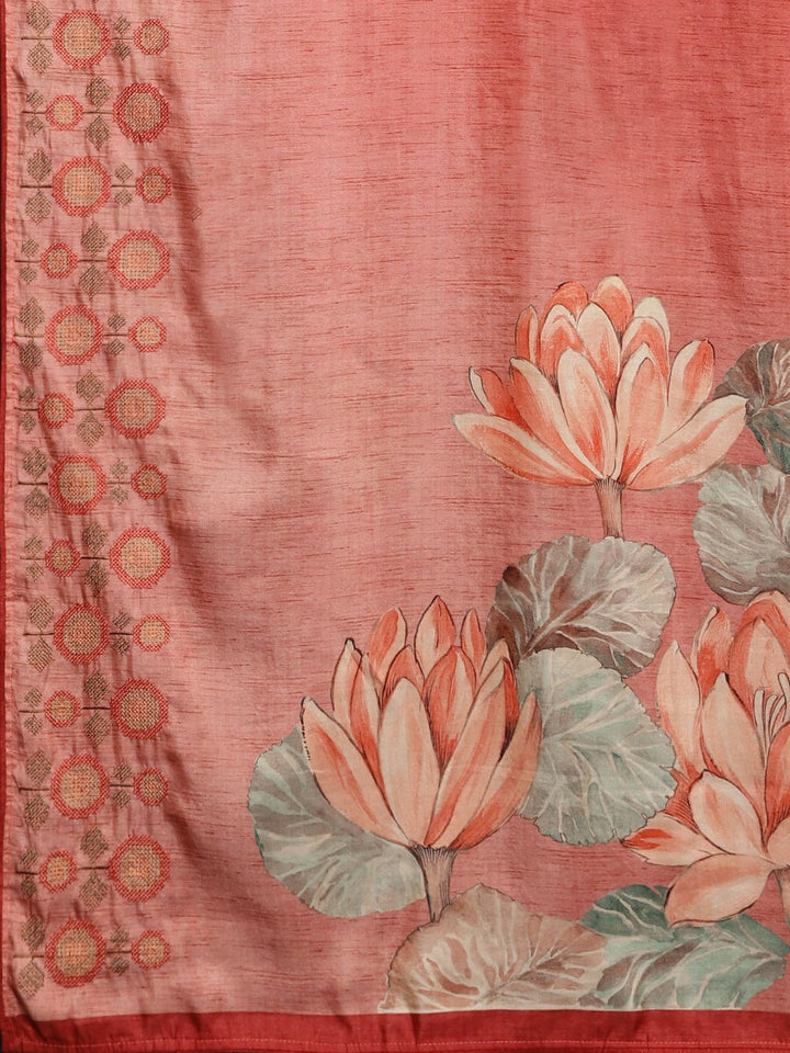 Neerus Orange georgette printed saree with blouse - detail view 1