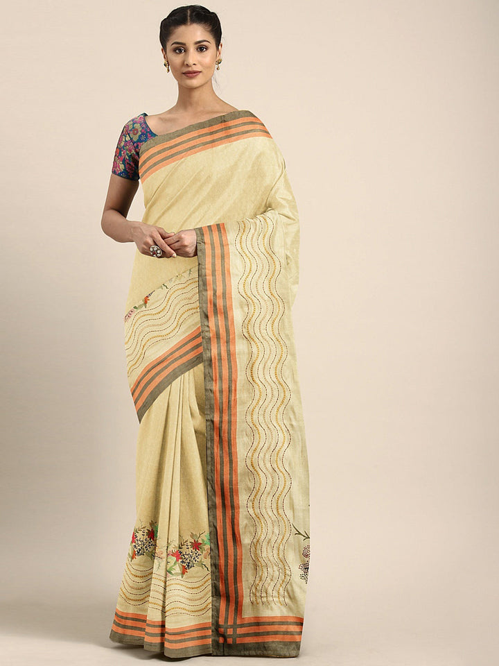 Neerus Yellow georgette printed saree - front view