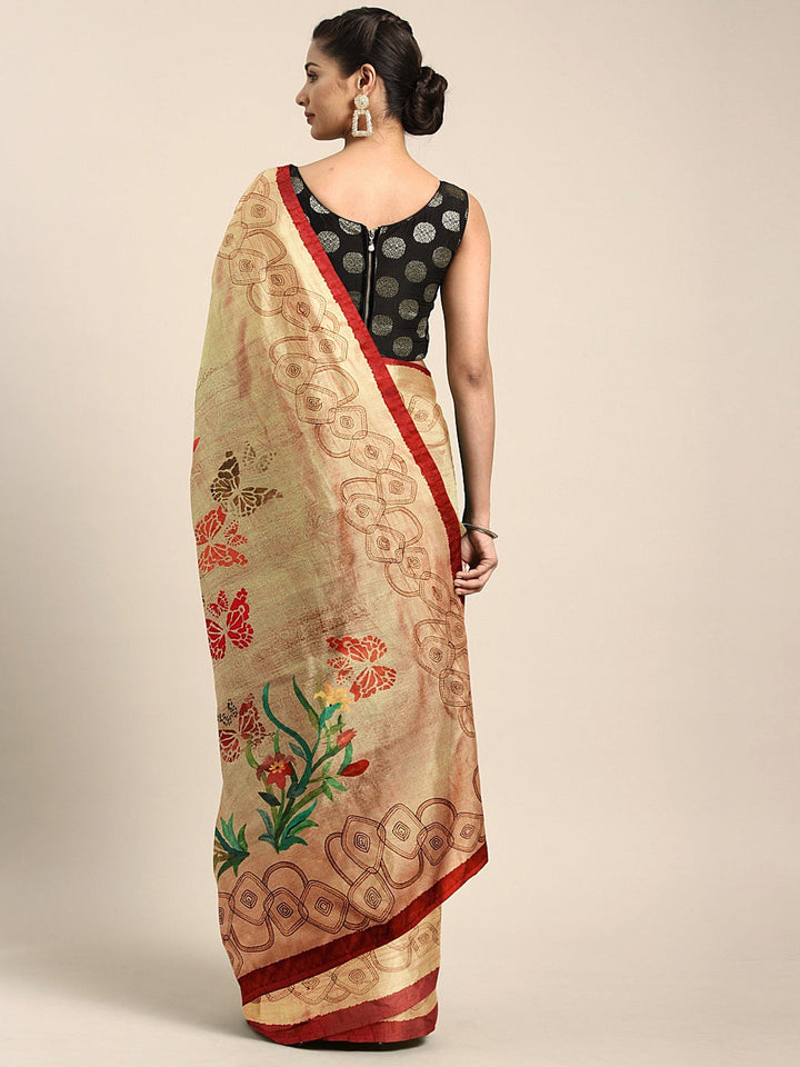 Neerus Green georgette printed saree with blouse piece - back view