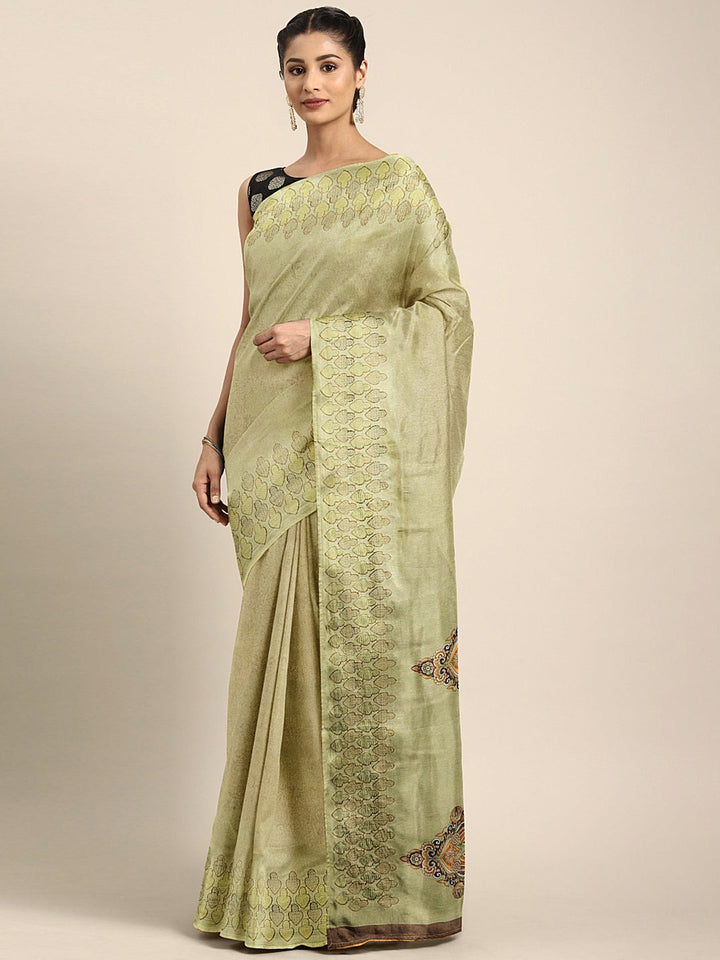 Neerus Green printed saree with blouse piece - front view