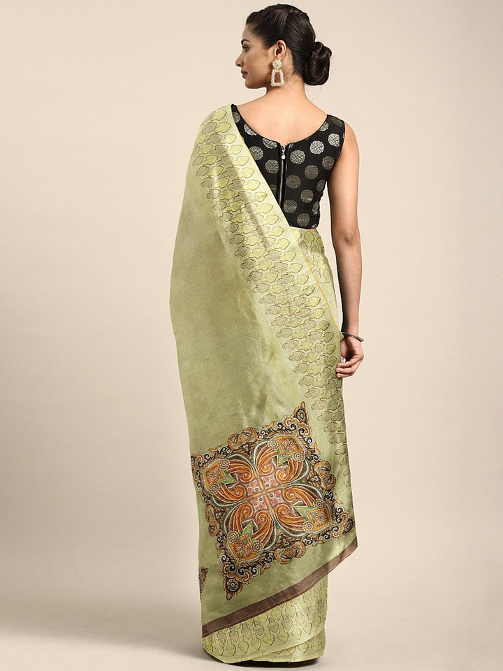 Neerus Green printed saree with blouse piece - back view