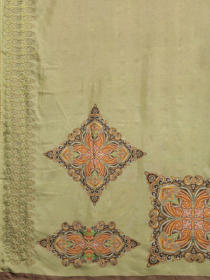 Neerus Green printed saree with blouse piece - detail view 1