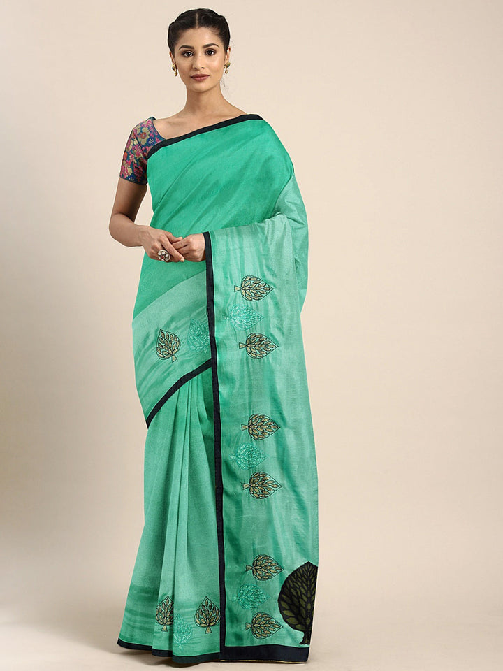 Neerus Green printed saree with blouse piece - front view