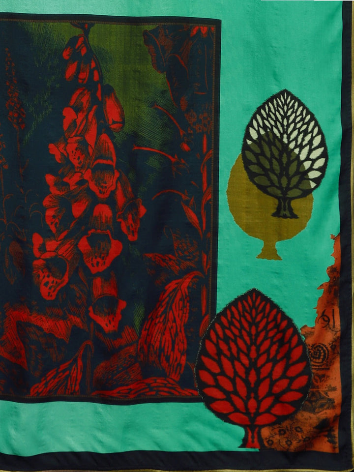Neerus Green printed saree with blouse piece - detail view 1