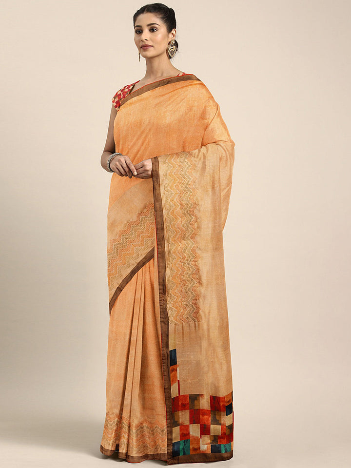 Neerus Orange georgette printed saree - front view
