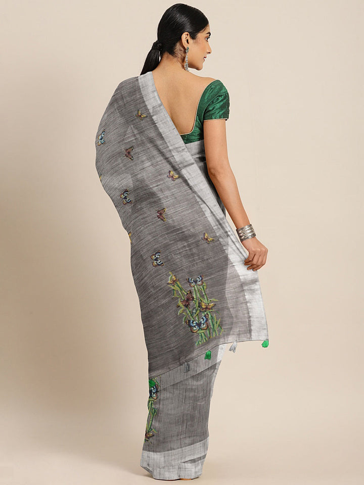 Neerus Grey Georgette Printed Saree with Blouse - back view
