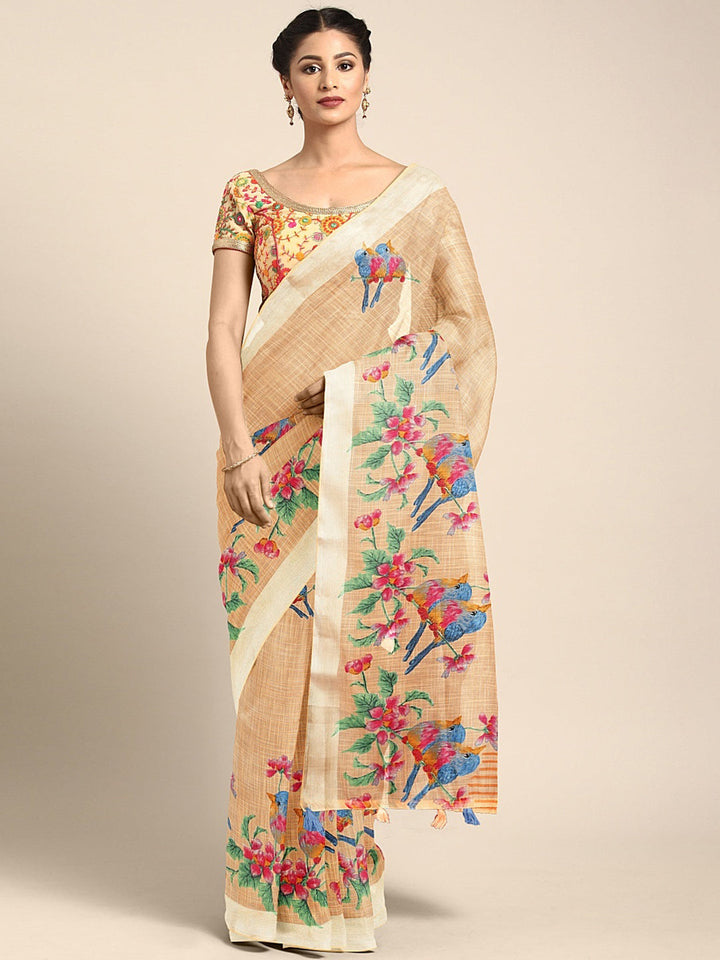 Neerus Beige georgette printed saree with blouse piece - front view