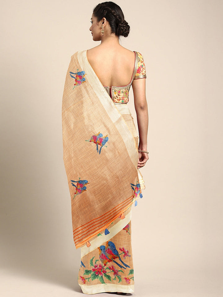 Neerus Beige georgette printed saree with blouse piece - back view