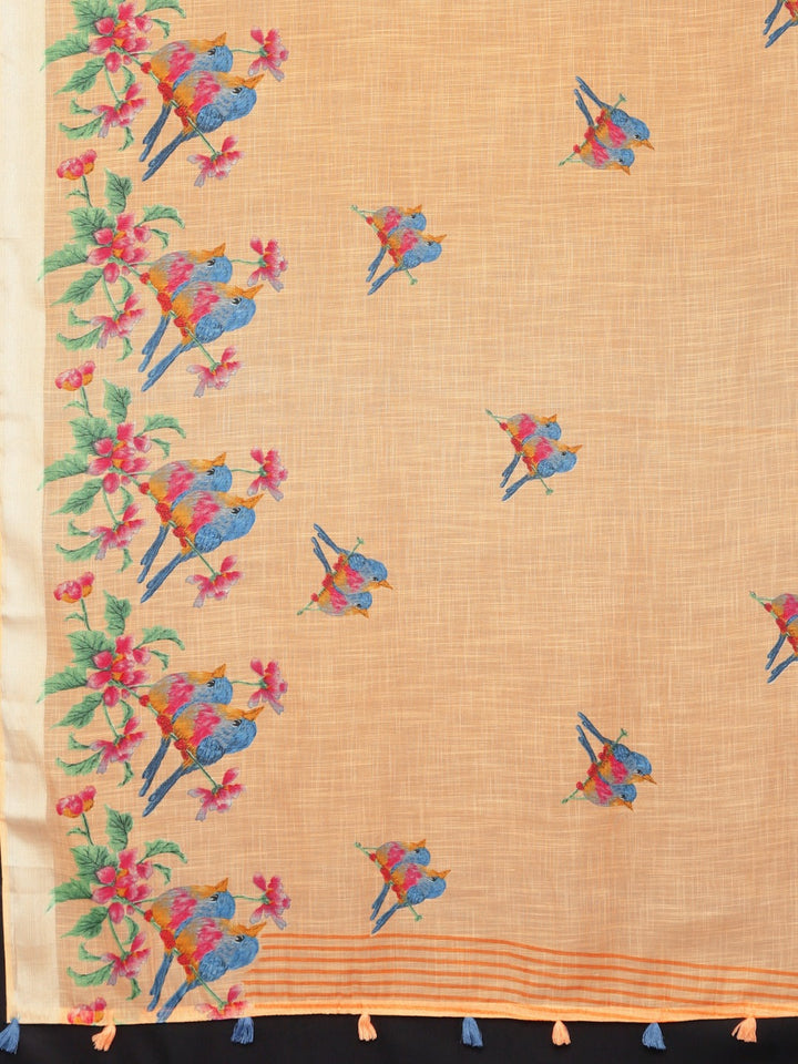 Neerus Beige georgette printed saree with blouse piece - detail view 1