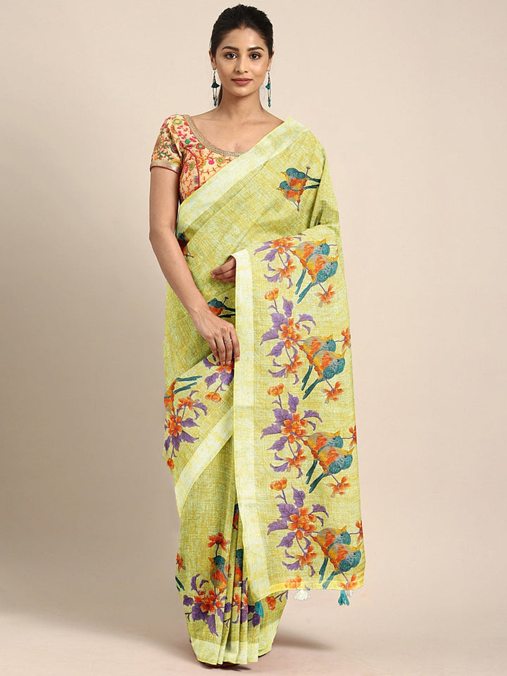 Neerus Green georgette printed saree with blouse - front view
