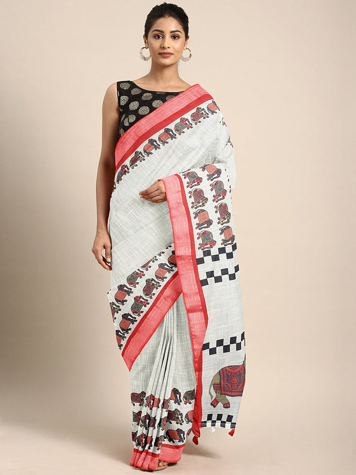 Neerus White linen woven saree with blouse piece - front view