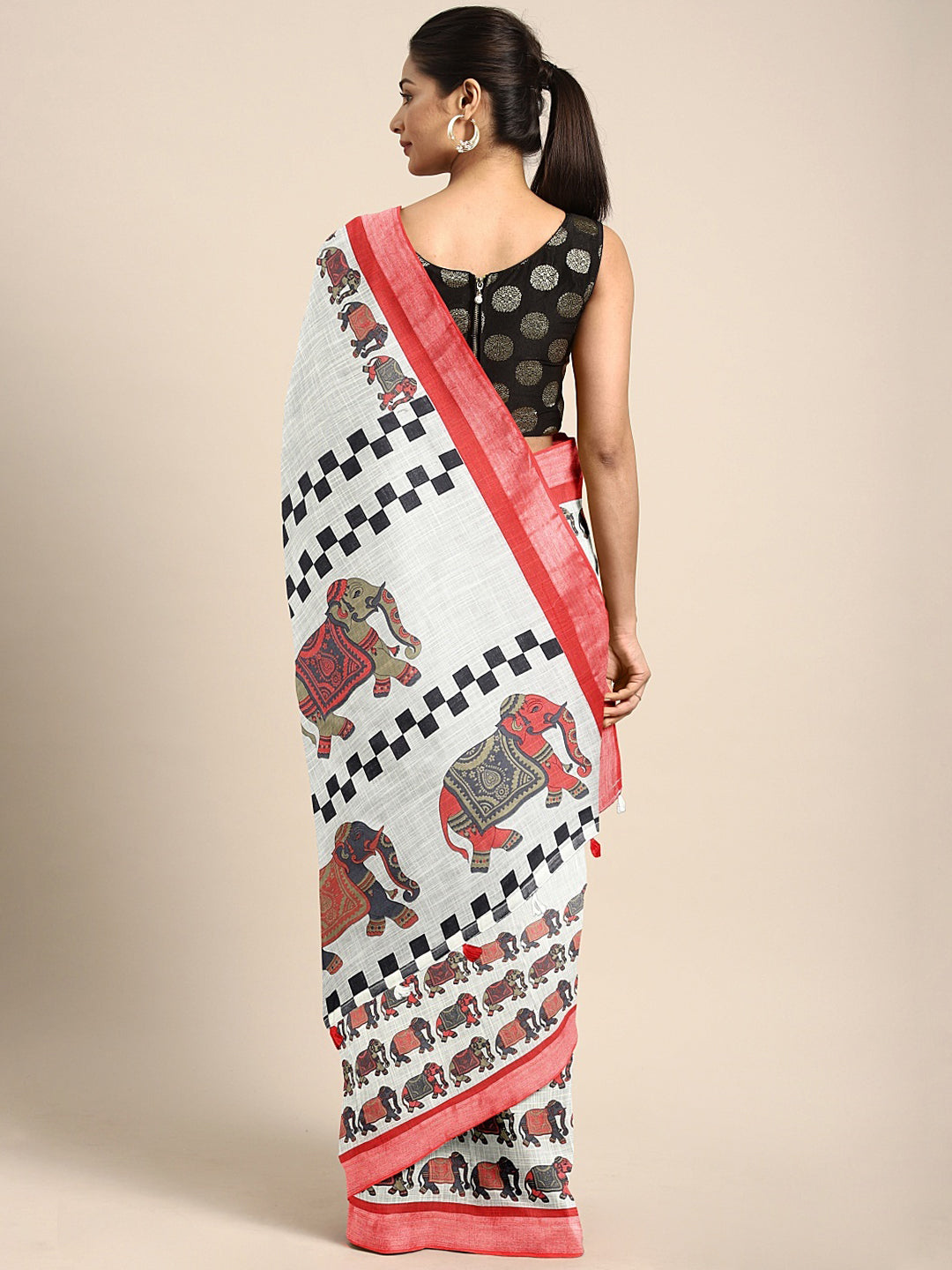 Neerus White linen woven saree with blouse piece - back view