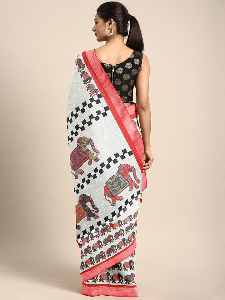 Neerus White linen woven saree with blouse piece - back view