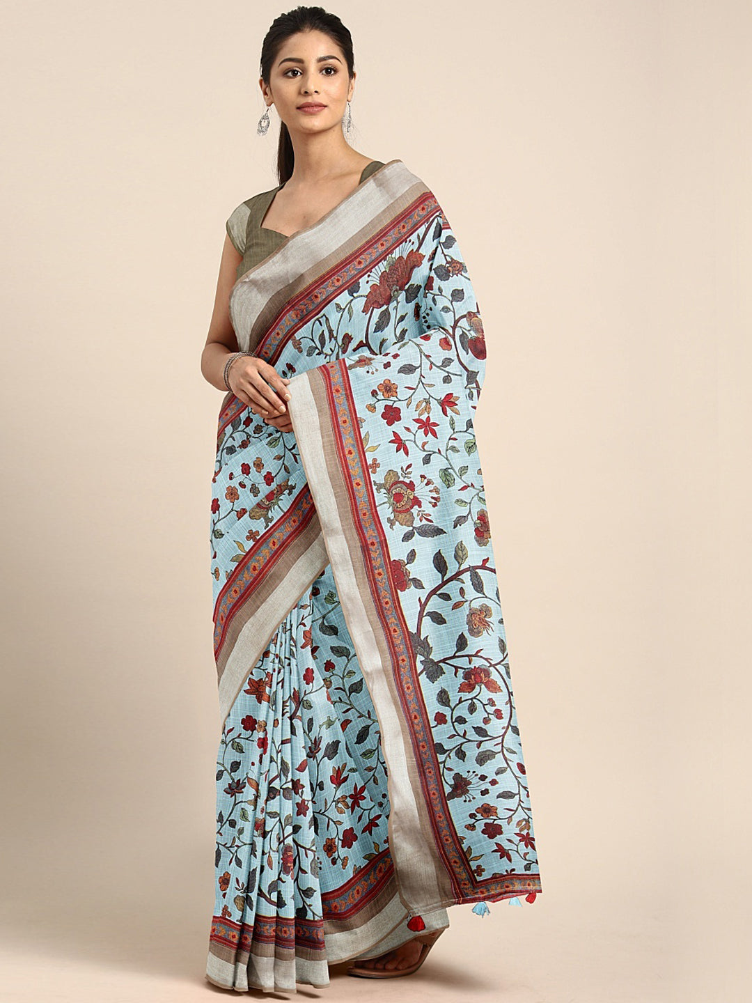 Neerus Blue georgette printed saree with blouse - front view