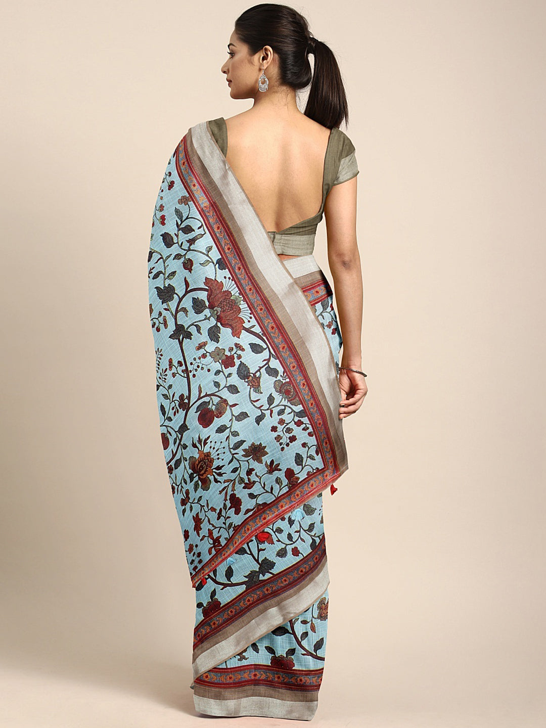 Neerus Blue georgette printed saree with blouse - back view