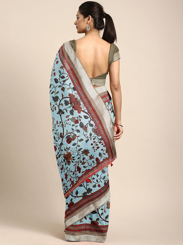 Neerus Blue georgette printed saree with blouse - back view