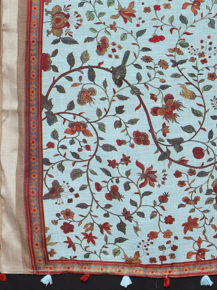 Neerus Blue georgette printed saree with blouse - detail view 1