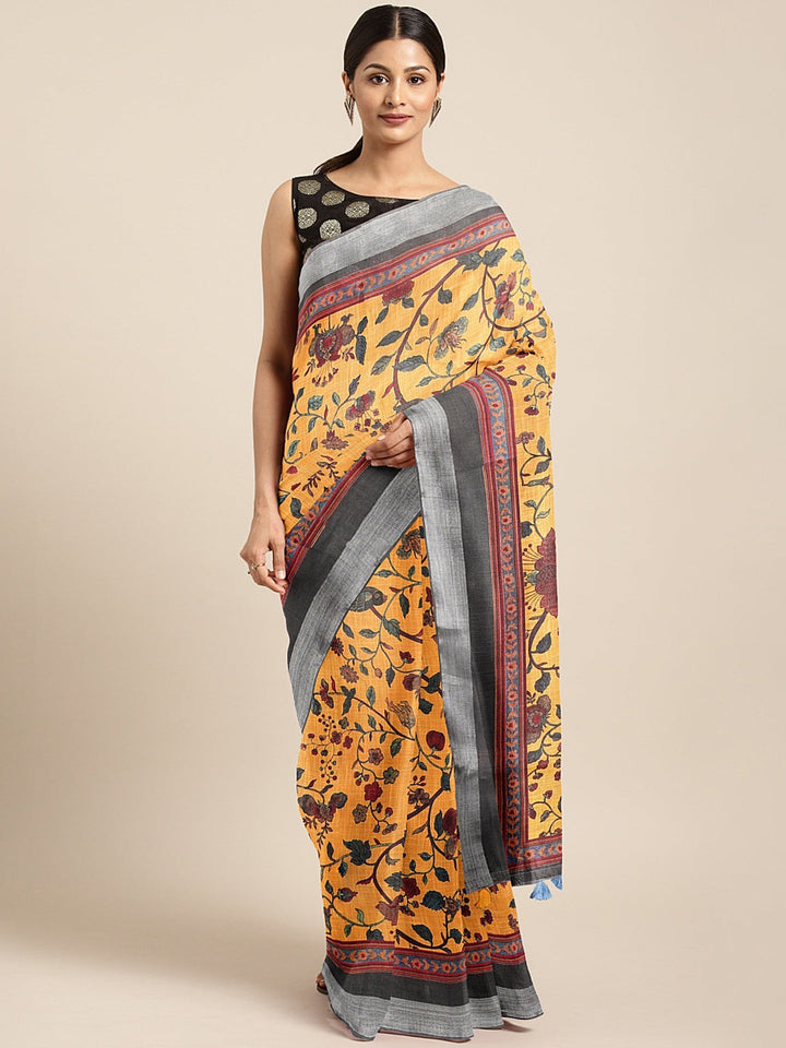 Neerus Yellow georgette printed saree with blouse - front view
